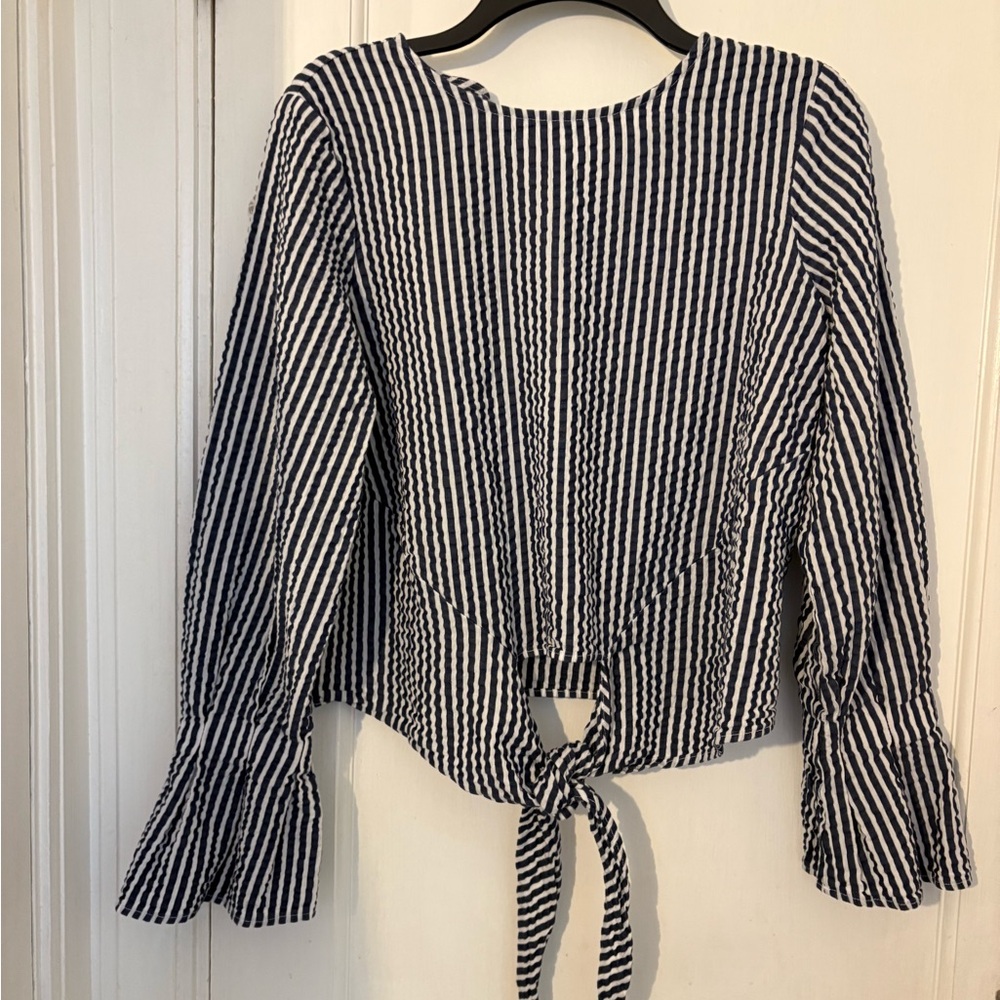 H&M Black and White Striped Blouse with Tie Detail